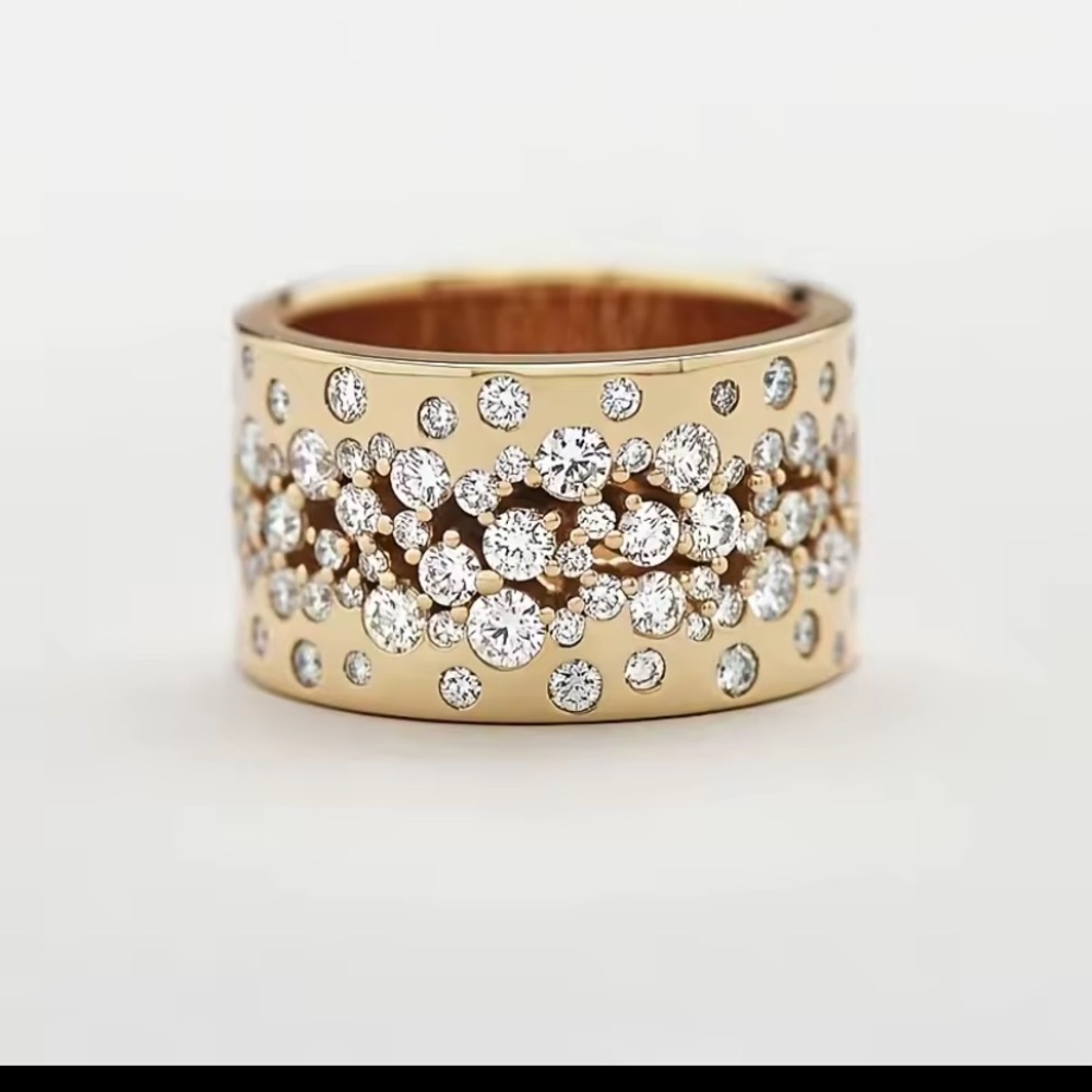 Anthropologie Gold Wide Band Ring with Clear Crystal Clusters